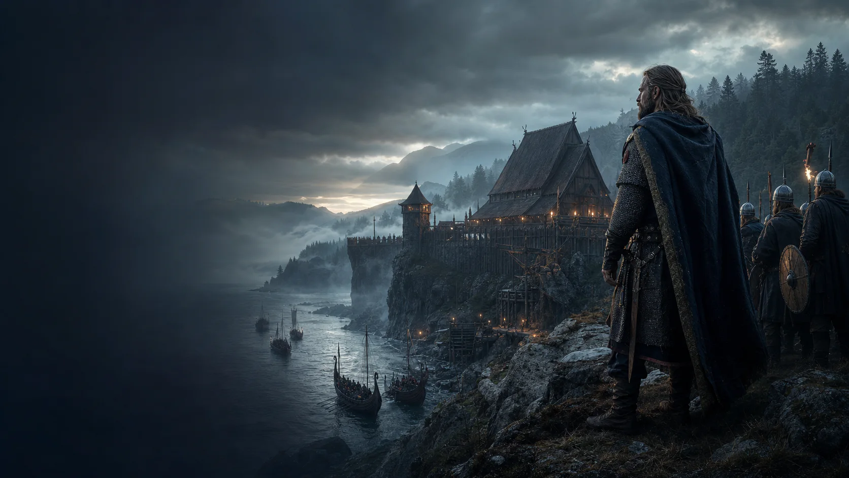 Scandinavian coastal stronghold with northern warriors and ships