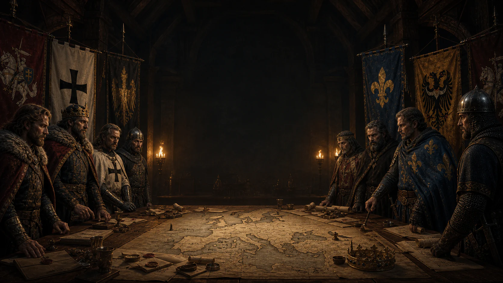 Medieval council reviewing the latest developments across the realm