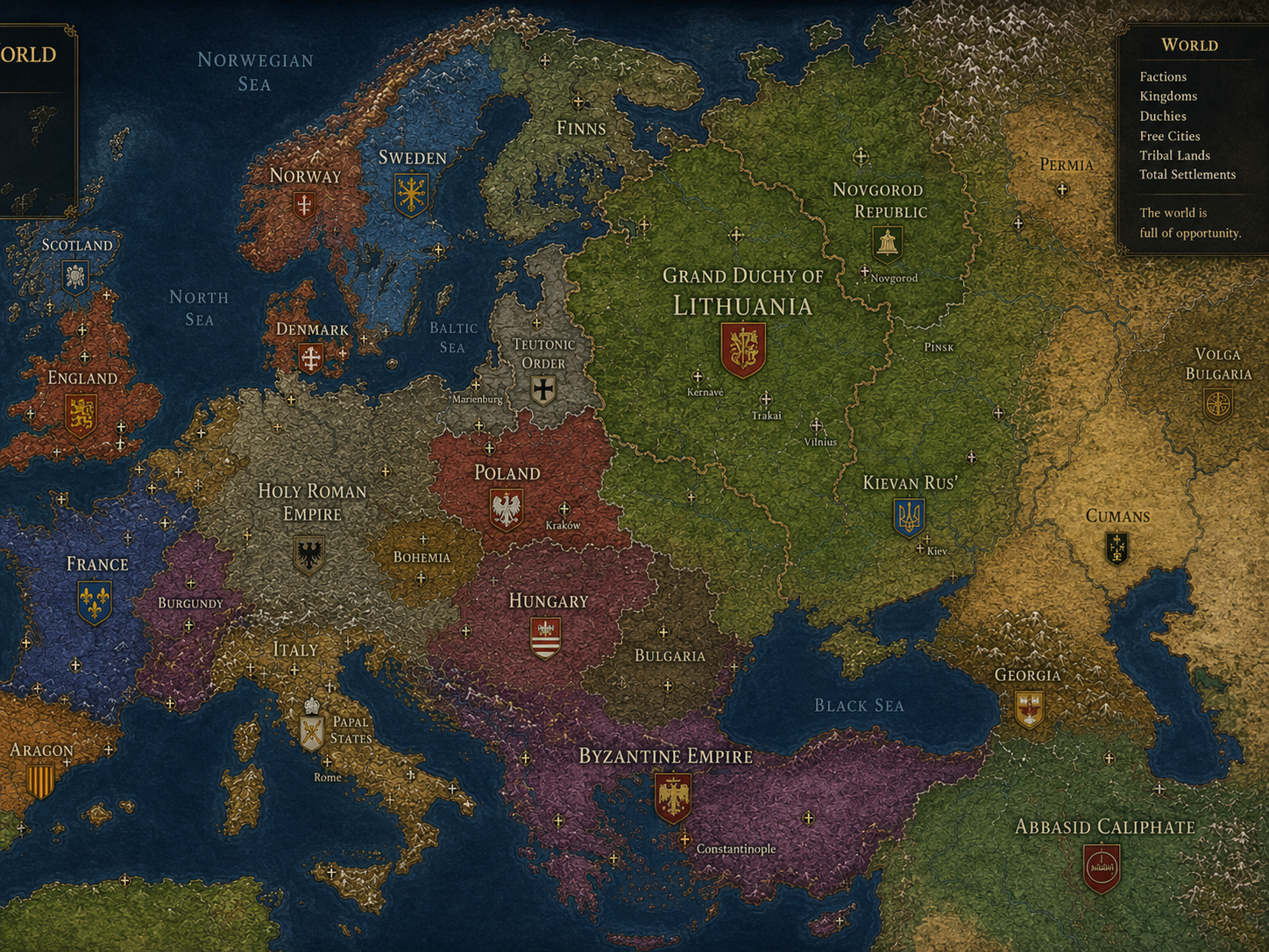 Rise of the Dukes campaign map showing medieval European realms and provinces