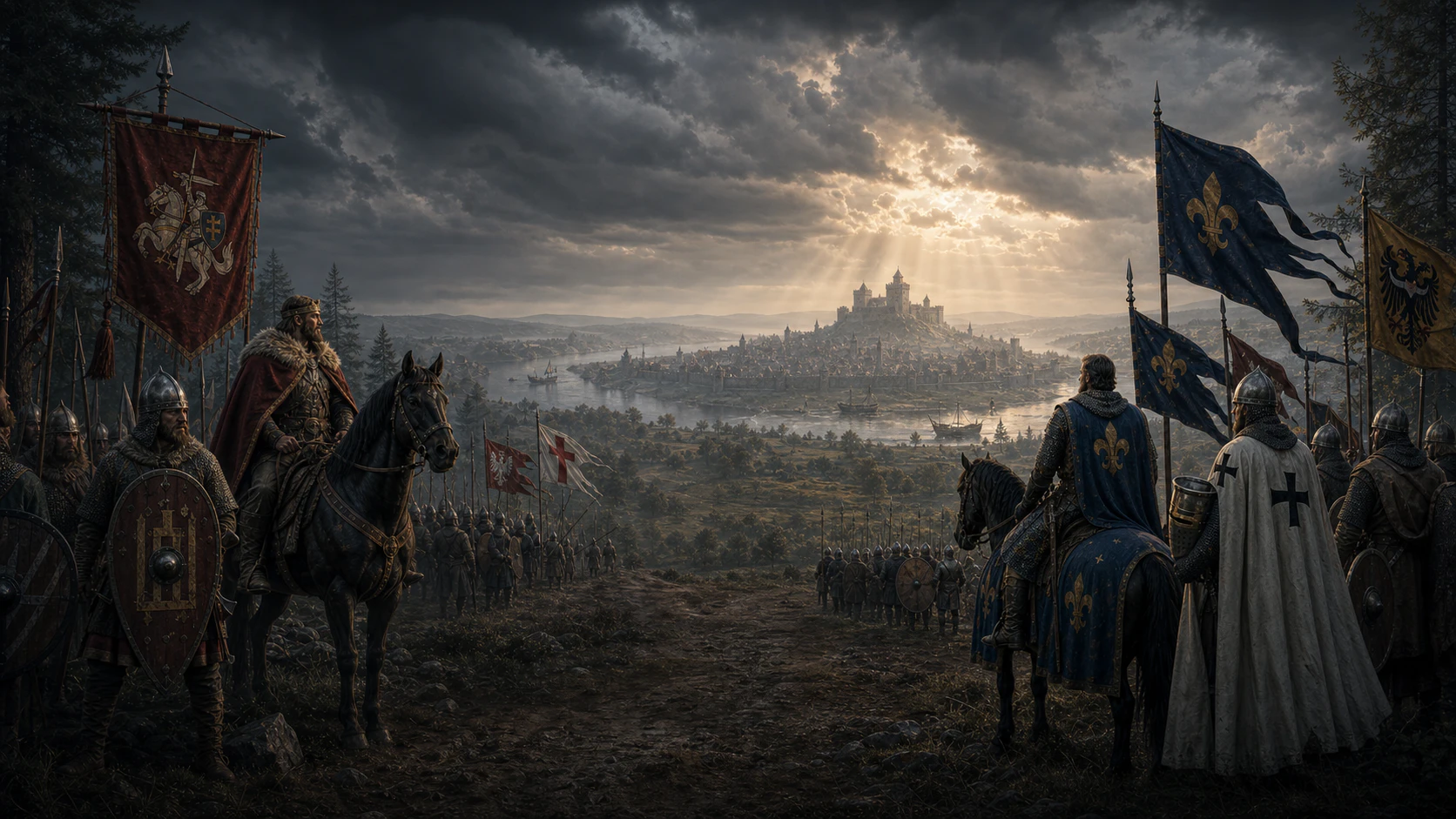 Rival medieval European rulers and armies overlooking a contested fortified city