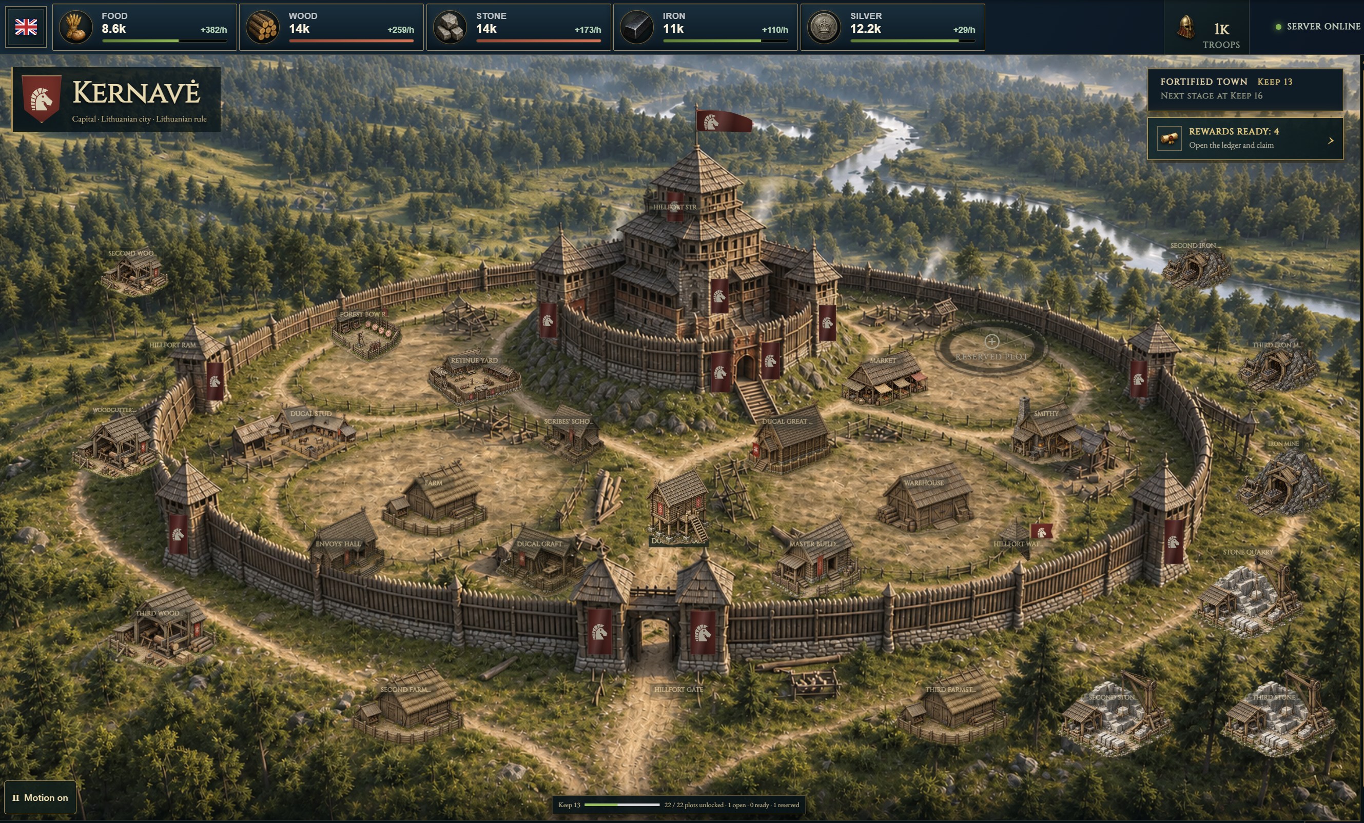 The game interface showing a Lithuanian settlement, building plots, resources, construction and city commands